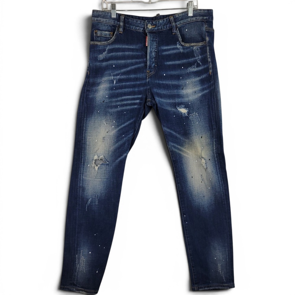 Dsquared2 Slim Jean Mens 36 Blue Distressed Paint Splatter S74LA0651 Button Fly